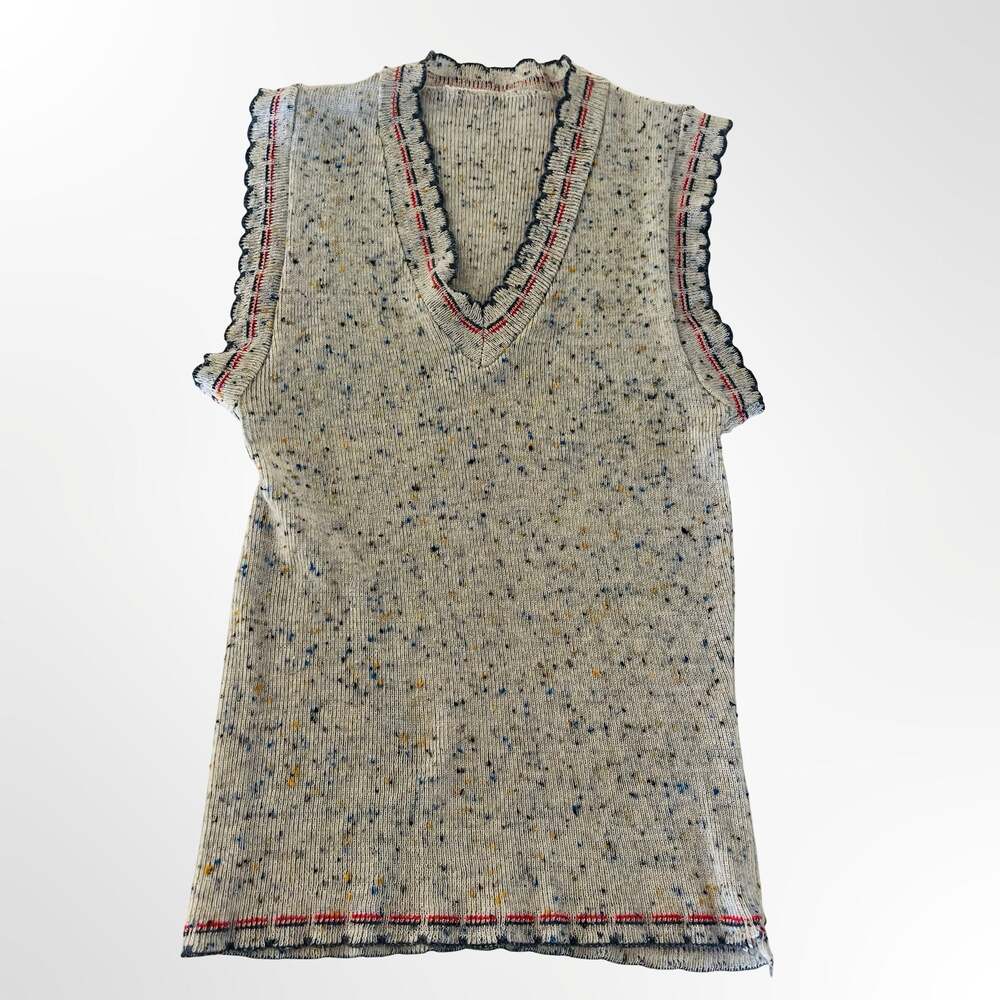 Vintage 70s Gray Heathered Rainbow Speckle Knit Vest Top With Plaid Stripe - Picture 4 of 6